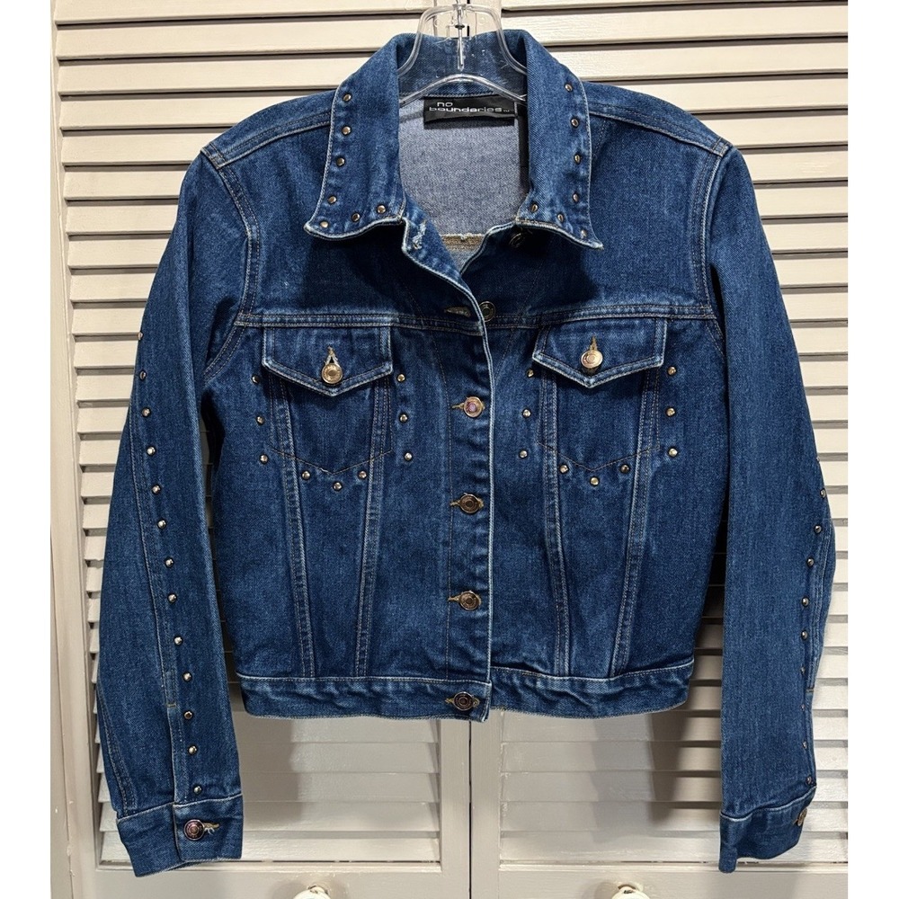 No Boundaries Dark Wash Denim Jacket Size M Pockets Button Up Collar Studs